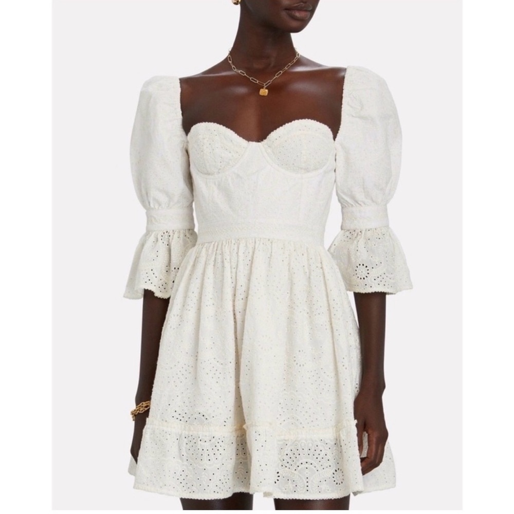 Agua Bendita Cream Eyelet Puff-Sleeve Mini Dress